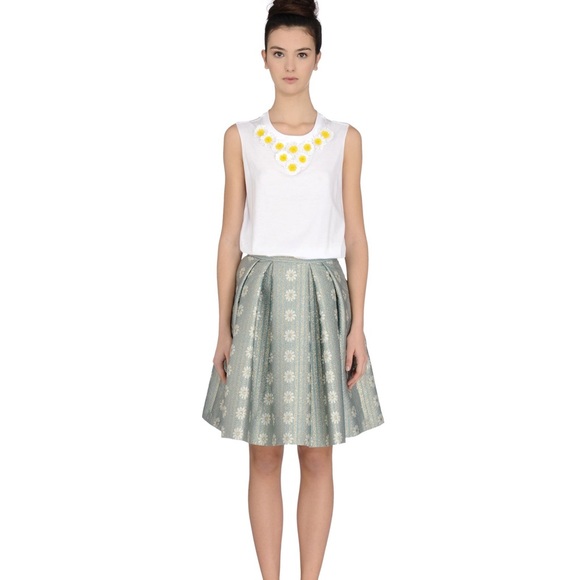 RED VALENTINO Daisy Lurex Jacquard Pleated Mini A-Line Skirt in Blue and Gold - Picture 2 of 11
